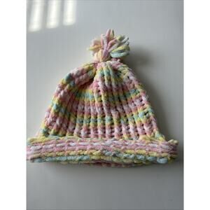 Handmade Chunky Knit Beanie - Bright Pink Blue Yellow Soft Chenille Pom Pom Hat